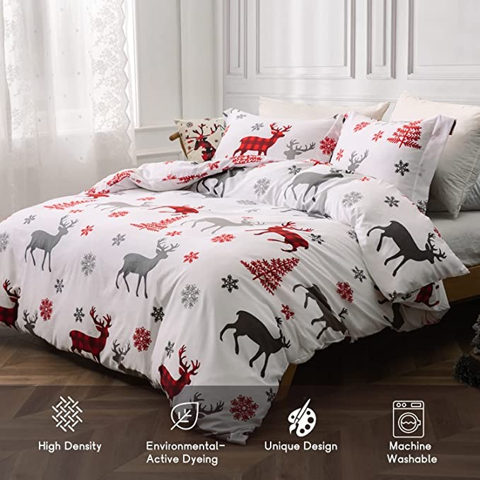 MILDLY Christmas King Size Bedding Sets, Xmas Holiday Print Soft Warm Cozy King Size Duvet Cover, Snowflake Elk Reindeer Deer Home Decor Red and White King Size Duvet Cover Sets